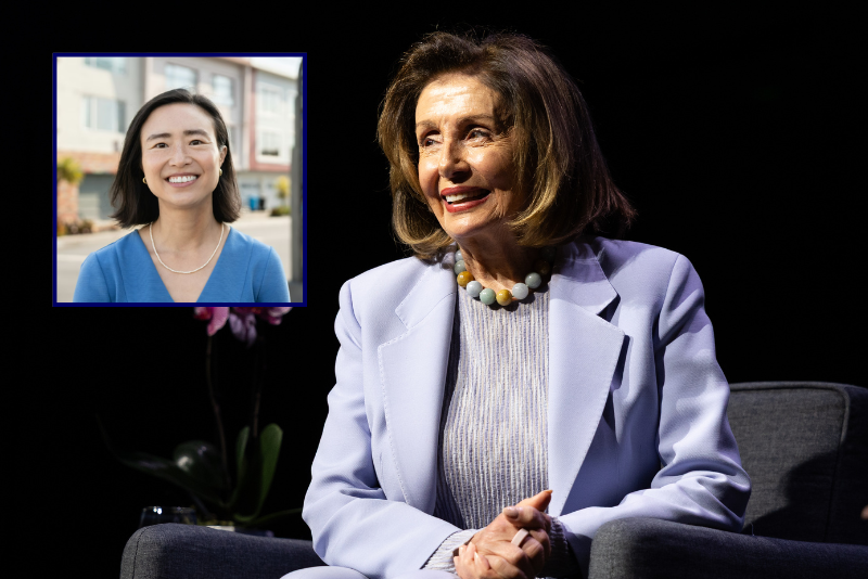 (Background) U.S. Rep. Nancy Pelosi (D-CA) sits during an event on April 10, 2026 in San Francisco, California. Pelosi discussed her career in politics and current political issues with moderator Gloria Duffy, the co-president and co-CEO of Commonwealth Club World Affairs. (Photo by Benjamin Fanjoy/Getty Images) / (L) Connie Chan (via: conniechansf.com)