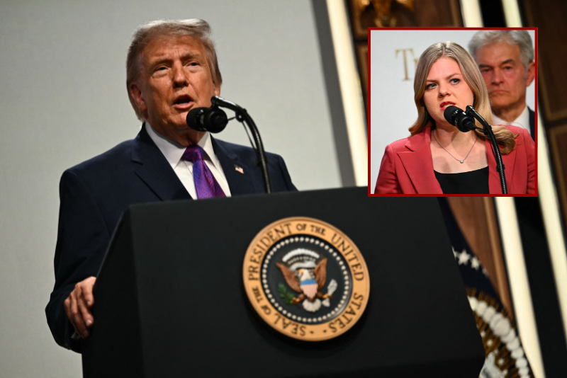 (Background) US President Donald Trump speaks during a healthcare affordability event in the South Court Auditorium of The White House in Washington, DC, on May 18, 2026. (Photo by Kent NISHIMURA / AFP via Getty Images) / (R) Director of Center for a Healthy America at America First Policy Institute Heidi Overton speaks during a healthcare affordability event in the South Court Auditorium of The White House in Washington, DC, on May 18, 2026. (Photo by Kent NISHIMURA / AFP via Getty Images)
