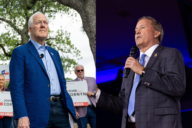 (L) U.S. Sen. John Cornyn (R-TX) prepares to speak during a news conference after casting his vote during early voting in the primary runoff at the Circle C Community Center on May 18, 2026 in Austin, Texas. (Photo by Brandon Bell/Getty Images) / (R) Texas Attorney General Ken Paxton speaks during the Conservative Political Action Conference (CPAC) in Grapevine, Texas, on March 27, 2026. (Photo by Leandro Lozada / AFP via Getty Images)