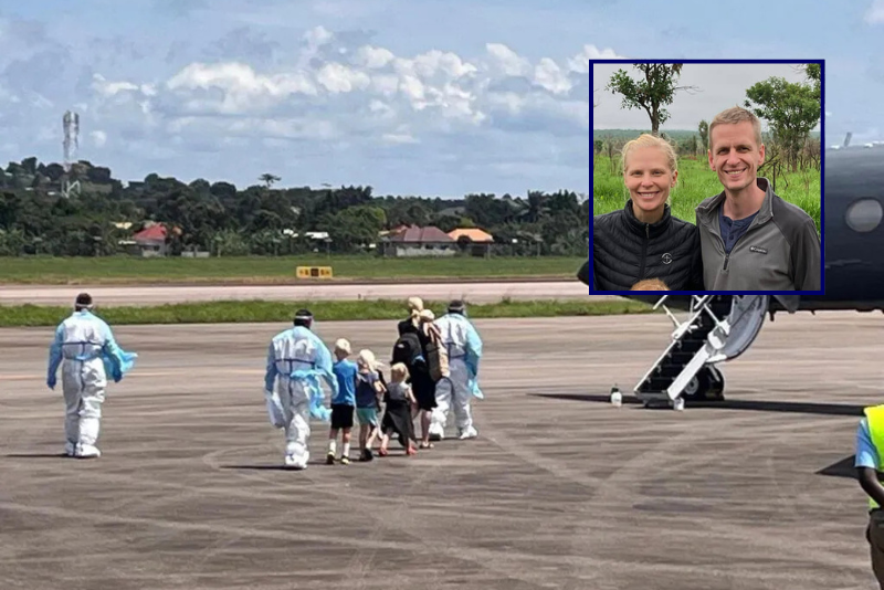 (Background) The Stafford family being evacuated out of Africa (via: serge.org) / (R) Dr. Rebekah Stafford and Dr. Peter Stafford (via: serge.org)