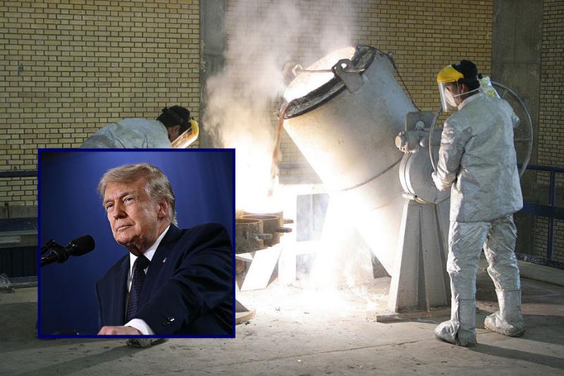 (Background) Technicians work inside of a uranium conversion facility producing unit March 30, 2005 just outside the city of Isfahan, about 254 miles (410 kilometers), south of capital Tehran, Iran. (Photo by Getty Images) / (Insert) US President Donald Trump delivers a speech about the economy at Rockland Community College Fieldhouse in Suffern, New York, on May 22, 2026. (Photo by Brendan SMIALOWSKI / AFP via Getty Images)