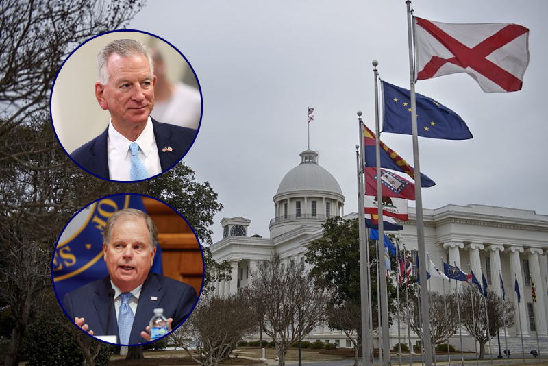 (Background) A view of the state capitol on March 6, 2015 in Montgomery, Alabama. March 7 will mark the 50th anniversary of Bloody Sunday when civil rights marchers attempting to walk to the Alabama capital of Montgomery for voters' rights clashed with police. (Photo by BRENDAN SMIALOWSKI/AFP via Getty Images) / (Top) U.S. Sen. Tommy Tuberville (R-AL) speaks to reporters as he returns to his office at the U.S. Capitol on February 10, 2026 in Washington, DC. (Photo by Kevin Dietsch/Getty Images) / (Bottom) Doug Jones former U.S. Senator, State of Alabama, participates in a symposium hosted by Rep. Sewell to examine the impact of the Shelby County decision and strategize on the road ahead for voting rights at 16th Street Baptist Church on June 28, 2023 in Birmingham, Alabama. (Photo by Stew Milne/Getty Images for Committee for House Administration)