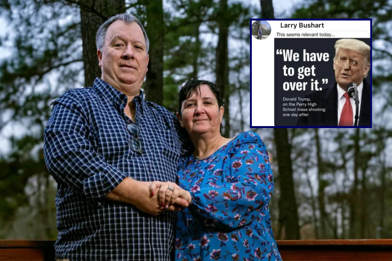 (Background) Larry Bushart and his wife, Leanne Bushart (via: fire.org) / (R) Screen capture of Larry Bushart social media post with Donald Trump meme (via: fire.org)