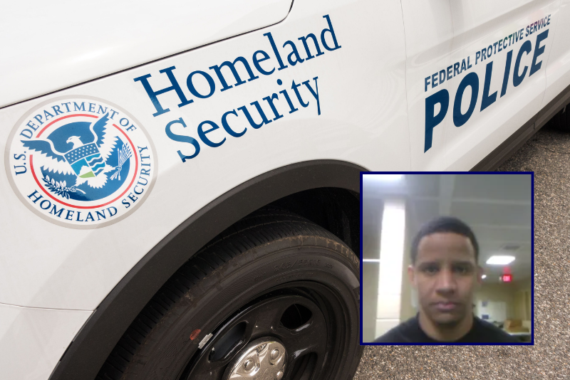 (Background) A patrol car with the Department of Homeland Security logo blocks the street outside the Department of Veterans Affairs, July 27, 2017, in Washington, DC. (Photo by Paul J. RICHARDS / AFP) (Photo by PAUL J. RICHARDS/AFP via Getty Images) / (R) Bryan Rafael Gomez (via: Department of Homeland Security)