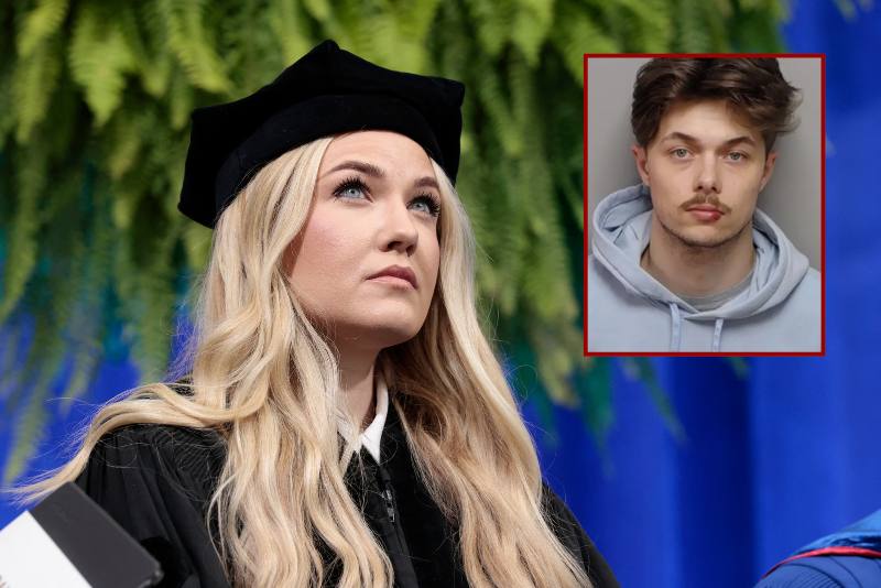 (Background) Erika Kirk, Turning Point CEO and widow of its founder Charlie Kirk, delivers a commencement address at Hillsdale College during the college's 174th commencement ceremony in Hillsdale, Michigan, on May 9, 2026. (Photo by JEFF KOWALSKY / AFP via Getty Images) / (R) Jacob Wenske (via: Bexar County Sheriff's Office)