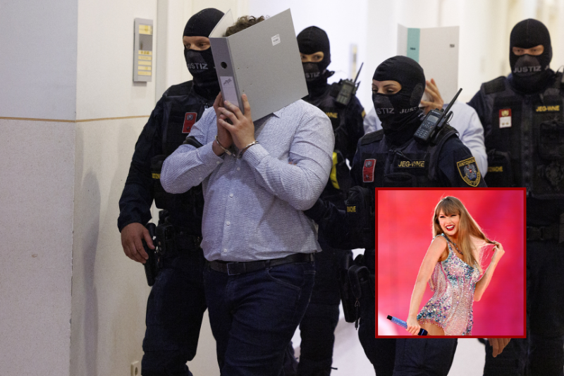 (Background) A defendant in handcuffs hides his face behind a folder as he is escorted to the courtroom by justice officers to hear the verdict in a trial over a plot to attack a Taylor Swift concert in Vienna at a court in Wiener Neustadt, Austria, on May 28, 2026. The court in Wiener Neustadt, near Vienna, is set to deliver its verdict late May 28 afternoon in the case of a 21-year-old Austrian man accused of plotting an Islamist attack on a Taylor Swift concert. (Photo by TOBIAS STEINMAURER / APA / AFP via Getty Images) / (R) Taylor Swift performs on stage during the "Taylor Swift | The Eras Tour" at Wembley Stadium on August 15, 2024 in London, England. (Photo by Kate Green/Getty Images)