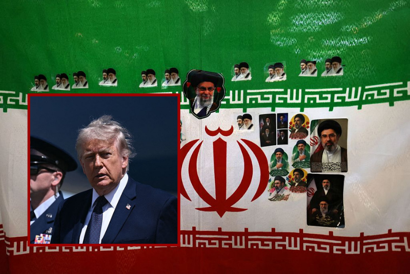 (Background) The Iranian flag is decorated with images of late and current Iranian leaders during a gathering at Imam Khomeini Mosque (Mosalla) to commemorate those killed in former wars and also those killed during the latest US-Israel led war, in Tehran on May 24, 2026. (Photo by ATTA KENARE / AFP via Getty Images) / (Insert) US President Donald Trump steps off Air Force One as he arrives at Morristown Airport in New Jersey, on May 22, 2026. Trump is the first sitting president to visit the northern New York City suburbs since Gerald Ford in 1976. (Photo by Brendan SMIALOWSKI / AFP via Getty Images)