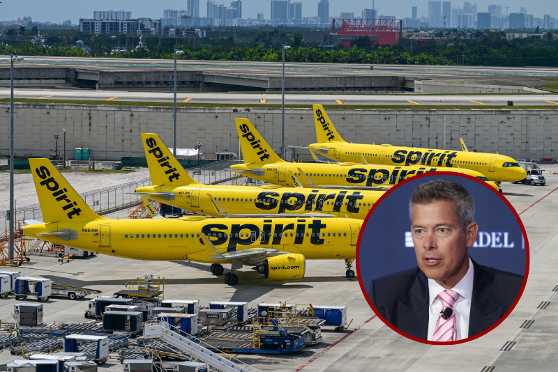 (Background) Spirit Airlines jets sat on the tarmac as the company ceased operations at Fort Lauderdale-Hollywood International Airport in Fort Lauderdale, Florida, on May 2, 2026. US air carriers mobilized Saturday to help passengers and crew members stranded by the overnight shutdown of Spirit Airlines, after last-minute talks with creditors and the White House collapsed. The budget airline known for its bright yellow planes succumbed to crushing fuel prices and announced in the early hours of Saturday that "all flights have been canceled, and customer service is no longer available" as it "started winding down its global operations, effective immediately." (Photo by GIORGIO VIERA / AFP via Getty Images) / U.S. Secretary of Transportation Sean Duffy speaks at the Semafor World Economy 2026 summit on April 17, 2026 in Washington, DC. The summit brings together business leaders and tech CEOs for discussions on economy, artificial intelligence and business trends. (Photo by Alex Wong/Getty Images)