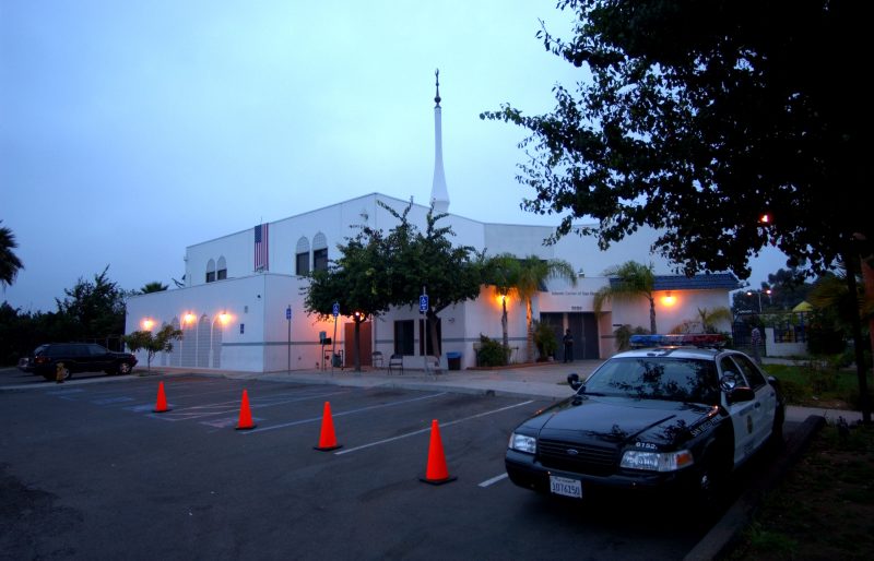394678 03: A police car stands guard as day breaks at the mosque at the Islamic Center of San Diego, September 19, 2001 in San Diego, CA. The mosque has been the target of threats and harrassment since last week's terror attacks on the U.S. Three of the terrorists who carried out the suicide airline hijacking lived nearby and attended this mosque. (Photo by David McNew/Getty Images)