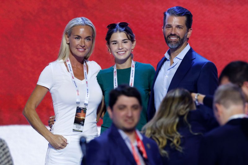 MILWAUKEE, WISCONSIN - JULY 17: (L-R) Vanessa Trump, Kai Trump and Donald Trump Jr., stand on stage before the start of the third day of the Republican National Convention at the Fiserv Forum on July 17, 2024 in Milwaukee, Wisconsin. Delegates, politicians, and the Republican faithful are in Milwaukee for the annual convention, concluding with former President Donald Trump accepting his party's presidential nomination. The RNC takes place from July 15-18. (Photo by Chip Somodevilla/Getty Images)