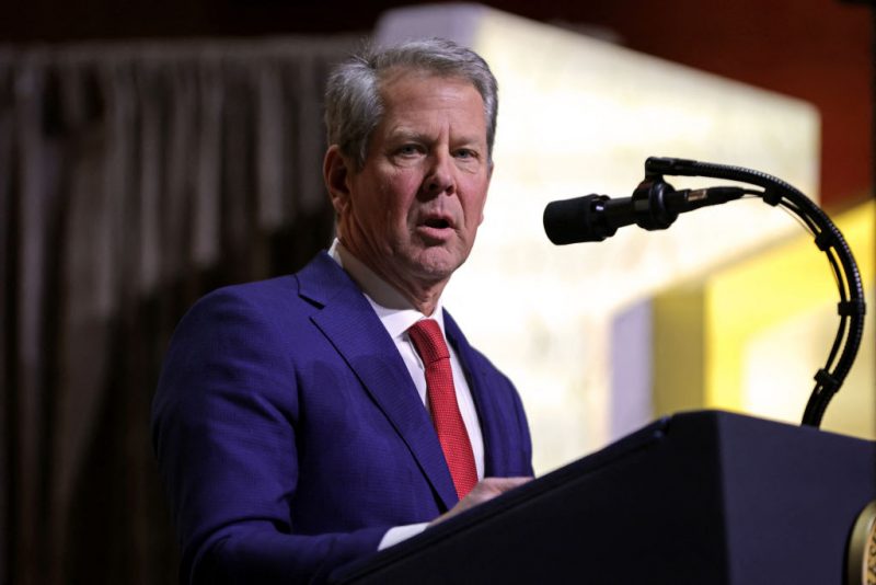 Brian Kemp, Governor of Georgia, speaks during a meeting of the Republican Governors Association at the National Building Museum in Washington, DC, on February 20, 2025. (Photo by Samuel Corum / AFP) (Photo by SAMUEL CORUM/AFP via Getty Images)
