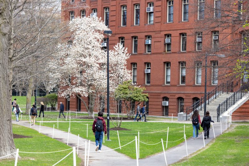 CAMBRIDGE, MASSACHUSETTS - APRIL 15: People walk past blooming trees on the Harvard University Campus on April 15, 2025 in Cambridge, Massachusetts. A Trump administration task force announced Monday that it would block Harvard University from receiving $2.2 billion in federal grants and $60 million in contracts after the Ivy League school defied demands to adopt new policies on student and faculty conduct and admissions. (Photo by Scott Eisen/Getty Images)