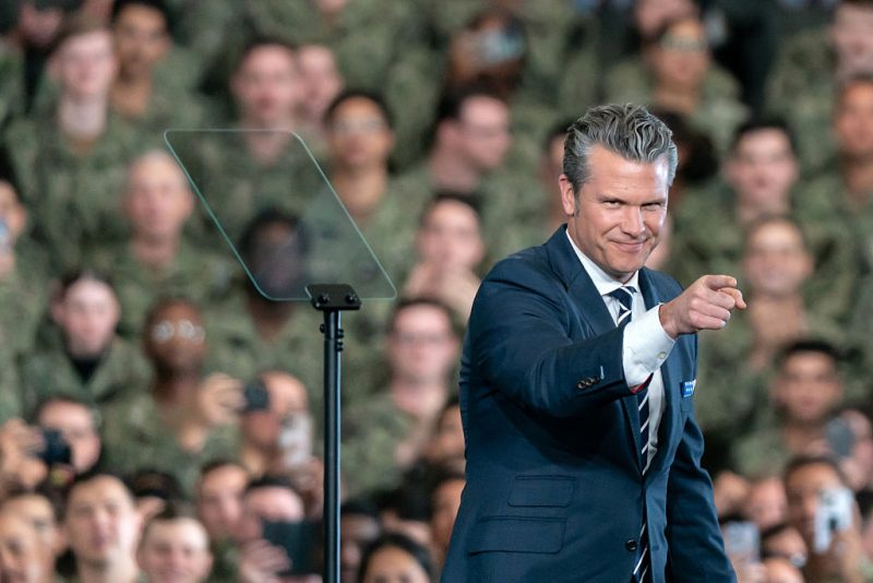 YOKOSUKA, JAPAN - OCTOBER 28: U.S. Secretary of War Pete Hegseth delivers a speech ahead of the arrival of President Donald Trump aboard USS George Washington on October 28, 2025 in Yokosuka, Japan. Trump is visiting Japan, fresh off an appearance at the ASEAN summit in Malaysia, and will next travel to South Korea for the APEC meetings. (Photo by Tomohiro Ohsumi/Getty Images)