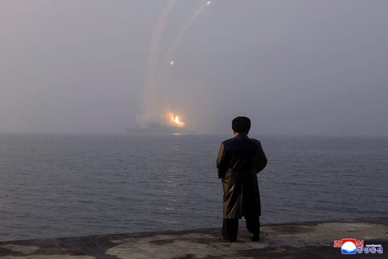 TOPSHOT - This picture taken on March 4, 2026 and released by North Korea's official Korean Central News Agency (KCNA) on March 5, 2026 shows North Korean leader Kim Jong Un inspecting a sea-to-surface strategic cruise missile test launch conducted on the destroyer Choe Hyon at an undisclosed location in North Korea. (Photo by KCNA VIA KNS / AFP via Getty Images) / South Korea OUT / ---EDITORS NOTE--- RESTRICTED TO EDITORIAL USE - MANDATORY CREDIT "AFP PHOTO/KCNA VIA KNS" - NO MARKETING NO ADVERTISING CAMPAIGNS - DISTRIBUTED AS A SERVICE TO CLIENTS THIS PICTURE WAS MADE AVAILABLE BY A THIRD PARTY. AFP CAN NOT INDEPENDENTLY VERIFY THE AUTHENTICITY, LOCATION, DATE AND CONTENT OF THIS IMAGE. /