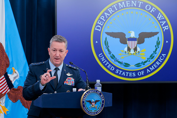 ARLINGTON, VIRGINIA - MAY 05: Chairman of the Joint Chiefs of Staff Gen. Dan Caine speaks during a press briefing at the Pentagon on May 05, 2026 in Arlington, Virginia. Tensions remain high in the Strait of Hormuz as the U.S. and Iran traded shots on Monday after Trump said the U.S. military would open the strait for shipping.