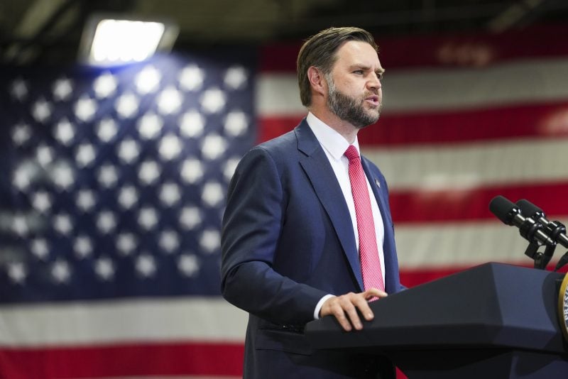 KANSAS CITY, MISSOURI - MAY 18: U.S. Vice President JD Vance speaks during an event at Milbank Manufacturing Company on May 18, 2026 in Kansas City, Missouri. Vance is in Kansas City to deliver remarks on the Trump administration’s efforts to support American manufacturing. (Photo by Eric Lee-Pool/Getty Images)