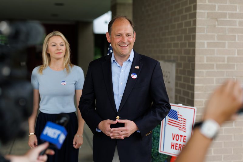 LEXINGTON, KENTUCKY - MAY 19: Kentucky U.S. Senate candidate Rep. Andy Barr (R-KY) alongside wife Davis Barr speaks to media after casting his primary ballot at Centenary Church on May 19, 2026 in Lexington, Kentucky. Barr is challenging Kentucky U.S. Senate candidate Daniel Cameron for the Republican nomination for U.S. Senate in Kentucky. (Photo by Brett Carlsen/Getty Images)