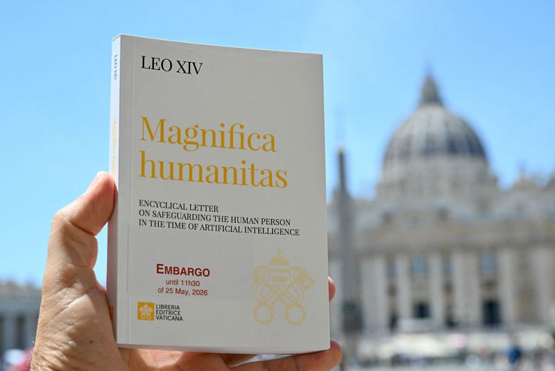 A picture shows Pope Leo XIV Encyclical Letter "Magnifica Humanitas", focused on the rise of artificial intelligence, in The Vatican on May 25, 2026. (Photo by Alberto PIZZOLI / AFP via Getty Images)