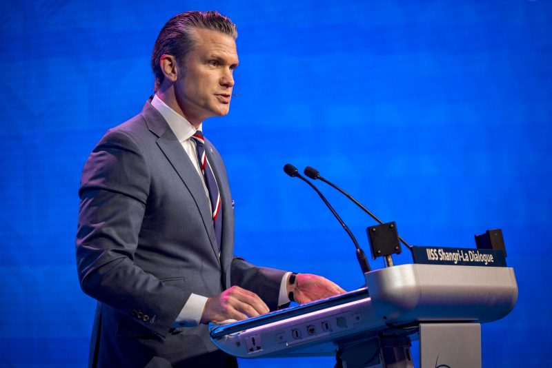 SINGAPORE, SINGAPORE - MAY 30: U.S. Secretary of War Pete Hegseth speaks during the 23rd IISS Shangri-La Dialogue at the Shangri-La Hotel on May 30, 2026 in Singapore. Senior defence officials and military leaders from across the Asia-Pacific and beyond convene at the Shangri-La Hotel in Singapore for the International Institute for Strategic Studies (IISS) Shangri-La Dialogue, one of Asia's premier track-one intergovernmental security forums. (Photo by Ezra Acayan/Getty Images)