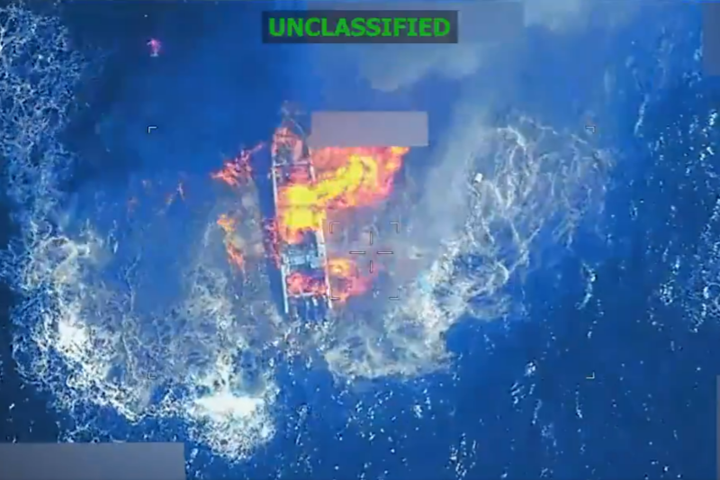 Screen capture of military strike on alleged drug trafficking vessel (via: U.S. Southern Command; X)