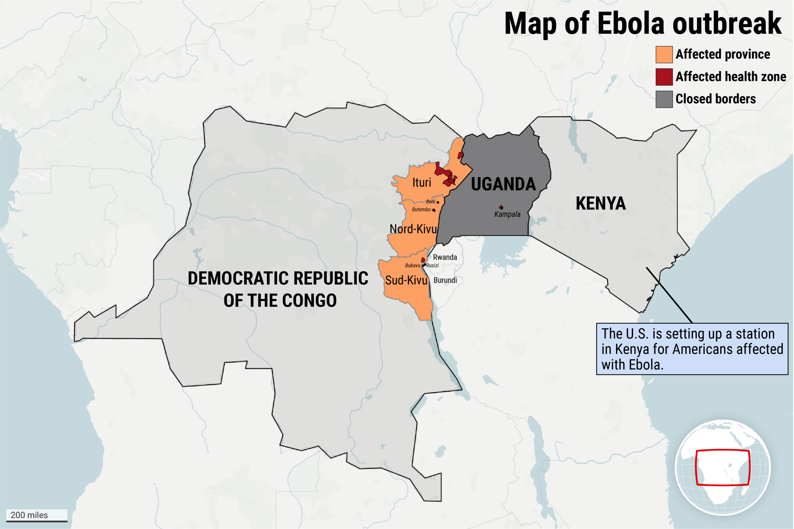 Map of Ebola outbreak showing affected provinces and affected health zones