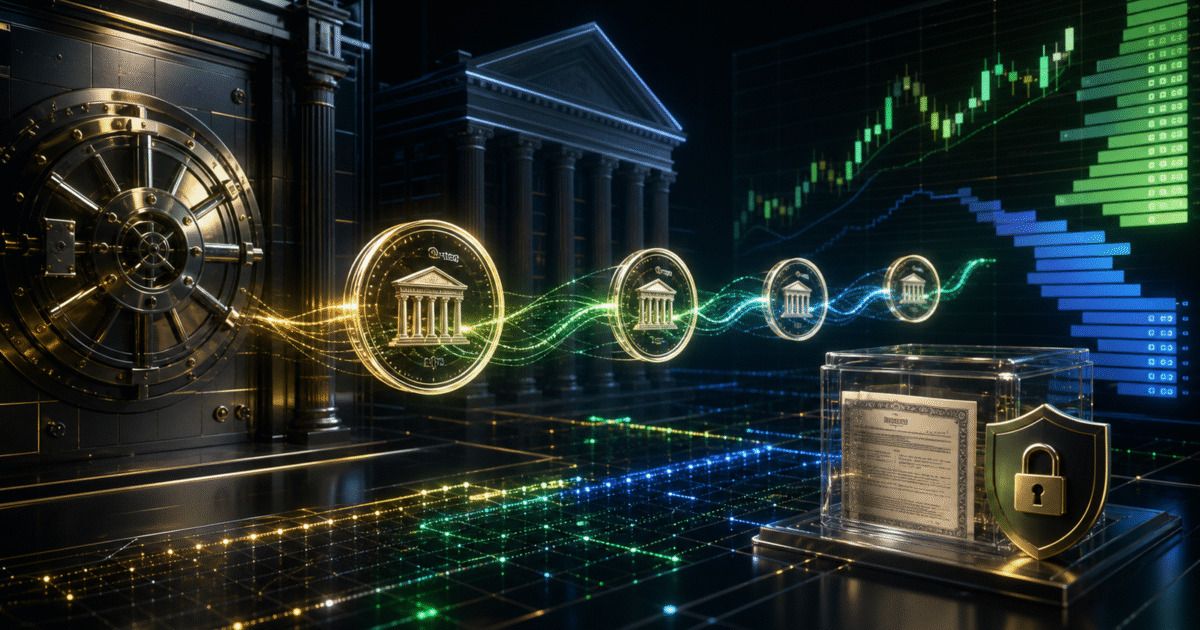 Abstract institutional collateral rails representing tokenized Treasury funds and crypto trading infrastructure.