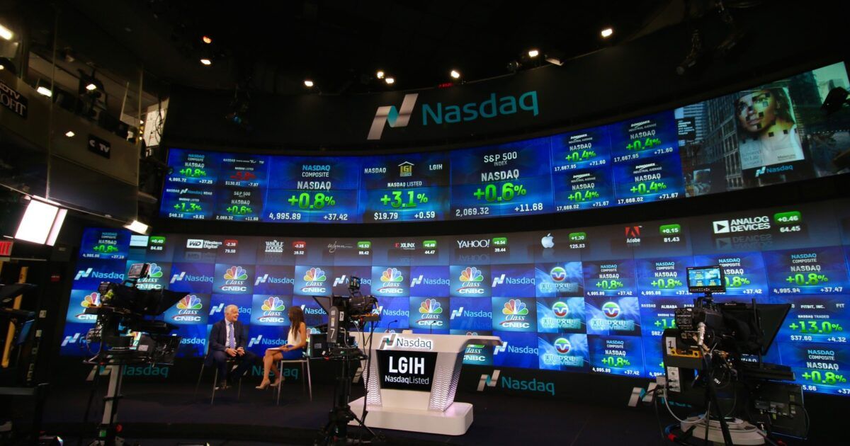 Real photo of the Nasdaq MarketSite in Times Square for a Bitcoin index options story.