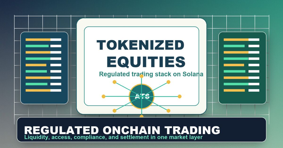Editorial illustration of tokenized equities trading through a regulated onchain market stack.