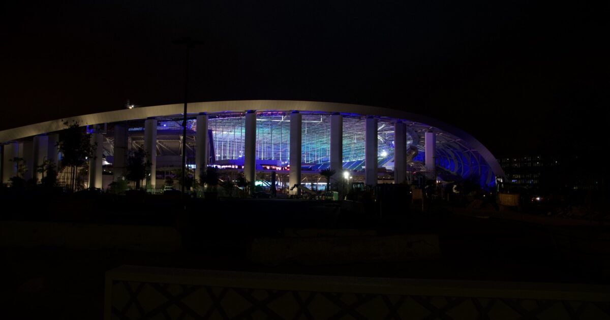 Real photo of SoFi Stadium for a SoFiUSD stablecoin story.