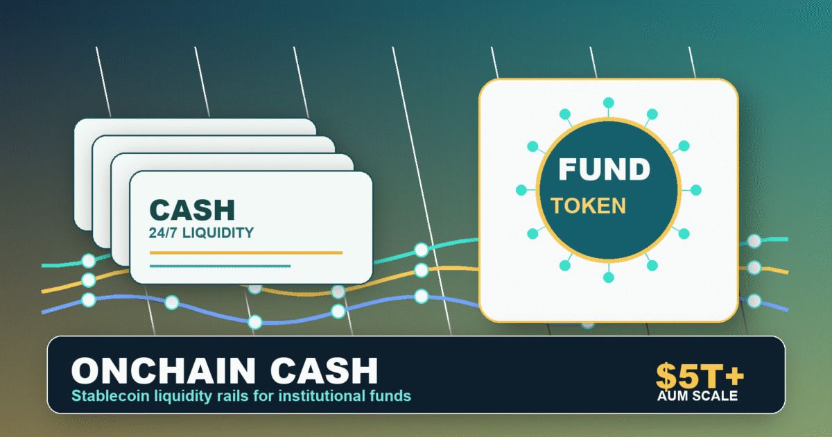 Editorial illustration of institutional cash-management rails moving onchain through a tokenized fund.