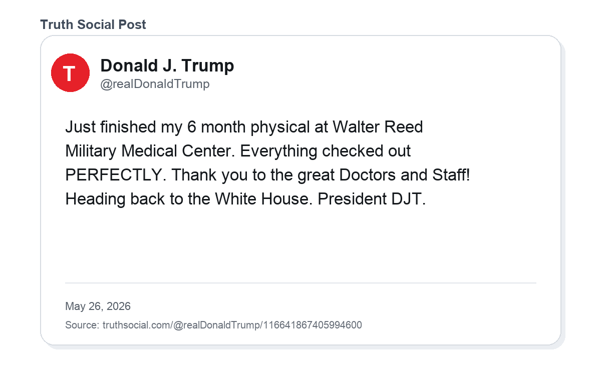 President Trump Truth Social update after Walter Reed physical