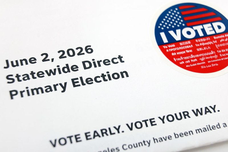 In this photo illustration, a view of voter materials which were mailed with vote-by-mail ballots for the 2026 California primary election on May 4, 2026 in Pasadena, California. (Photo Illustration by Mario Tama/Getty Images)