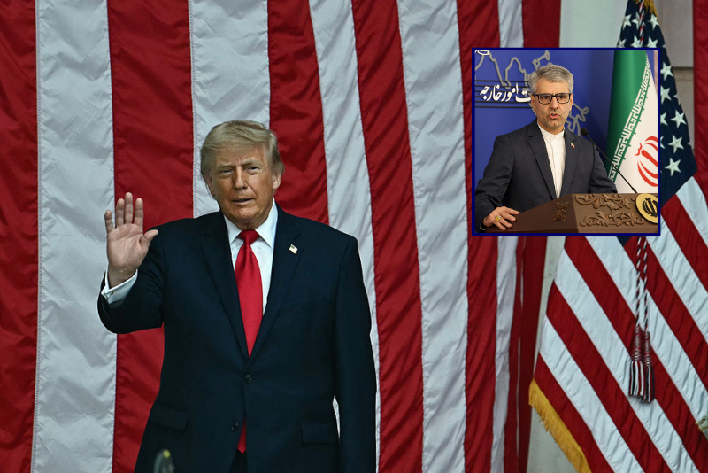(Background) US President Donald Trump arrives to speak during the National Memorial Day Observance at the Memorial Amphitheatre in Arlington National Cemetery in Arlington, Virginia on May 25, 2026. (Photo by Kent NISHIMURA / AFP via Getty Images) / (Insert) Iran's foreign ministry spokesman Esmaeil Baghaei holds a weekly press conference in Tehran on October 28, 2024. Israel on October 26 launched air strikes on military sites in Iran, risking further regional escalation more than a year into the Gaza war and a month into the Israel-Hezbollah war in Lebanon. The Israeli raid was in retaliation to an Iranian missile attack on October 1, itself retaliation for the killing of Iran-backed militant leaders and a Revolutionary Guards commander. (Photo by ATTA KENARE / AFP) (Photo by ATTA KENARE/AFP via Getty Images)