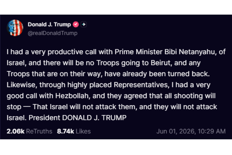 President Donald Trump Truth Social post