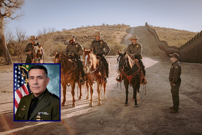 (Background) US Border Patrol agents ride horses before US Homeland Security Secretary Kristi Noem meets Border Patrol agents by the wall at the US-Mexico border in Nogales, Arizona, on February 4, 2026. (Photo by Olivier Touron / AFP via Getty Images) / (Insert) Newly appointed Border Patrol Chief Rosario "Pete" Vasquez (Image via U.S. Customs and Border Protection)