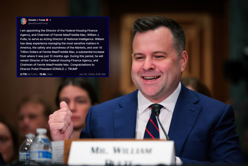 (Background) William Pulte, nominee for Director of the Federal Housing Finance Agency testifies at a hearing of the Senate Banking Committee on February 27, 2025 at the Dirksen Senate Building in Washington, DC. (Photo by Kayla Bartkowski/Getty Images) / (Insert) President Donald Trump Truth Social post