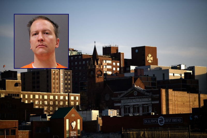 (Background) The sun rises over downtown in Duluth, Minnesota, on April 13, 2023. (Photo by STEPHEN MATUREN/AFP via Getty Images) / (Insert) In this photo provided by the Minnesota Department of Corrections, former Minneapolis police officer Derek Chauvin poses for a booking photo after his conviction April 21, 2021 in Minneapolis, Minnesota. (Photo by Minnesota Department of Corrections via Getty Images)