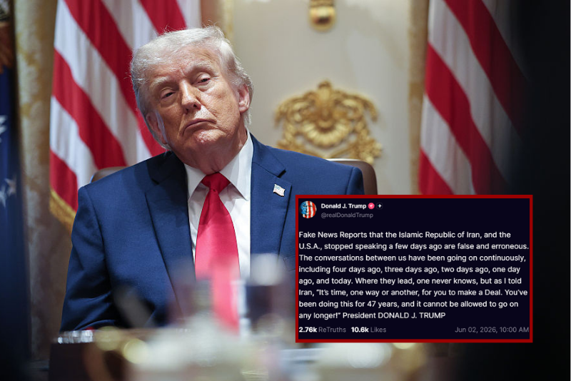 (Background) U.S. President Donald Trump listens to members of his Cabinet speak during a meeting in the Cabinet Room of the White House on May 27, 2026 in Washington, DC. Trump meets with his Cabinet days after saying a peace deal with Iran was “largely negotiated” amid expectations around the re-opening the Strait of Hormuz. (Photo by Win McNamee/Getty Images) / (Insert) President Donald Trump Truth Social post
