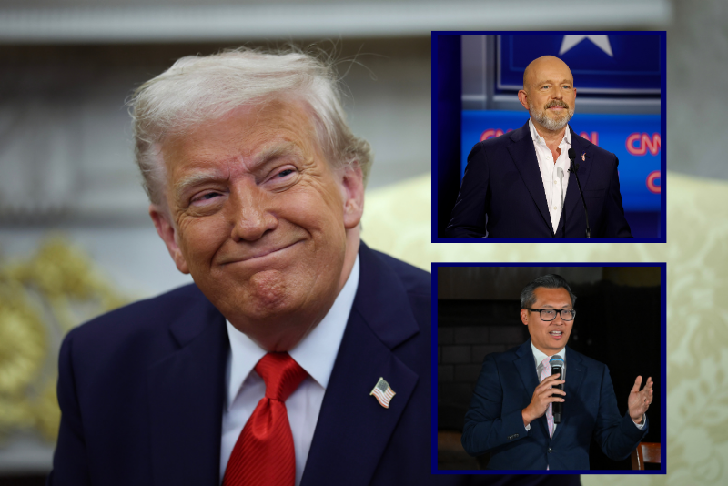 U.S. President Donald Trump smiles in the Oval Office of the White House April 14, 2025 in Washington, DC. (Photo by Win McNamee/Getty Images) / US Representative Vince Fong (R-CA) speaks during a "Trump Accounts Tour" event in Westlake Village, California, on May 29, 2026. (Photo by Patrick T. Fallon / AFP via Getty Images) / California gubernatorial candidate businessman Steve Hilton on May 05, 2026 in Monterey Park, California. (Photo by Justin Sullivan/Getty Images)