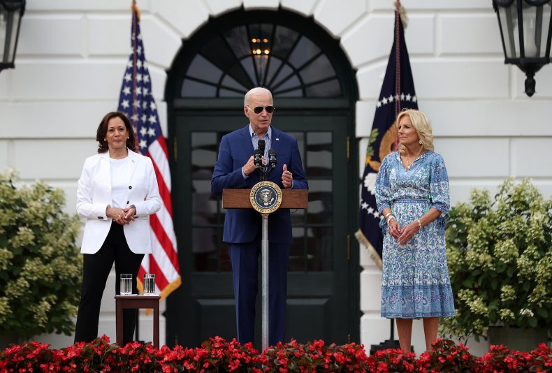 WASHINGTON, DC - JULY 19: U.S. President Joe Biden delivers remarks alongside first lady Jill Biden and Vice President Kamala Harris at the Congressional Picnic on the South Lawn of the White House on July 19, 2023 in Washington, DC. The annual picnic welcomes all members of Congress and their families to the White House to greet the President and spend time on the White House grounds enjoying food, music and games. (Photo by Kevin Dietsch/Getty Images)