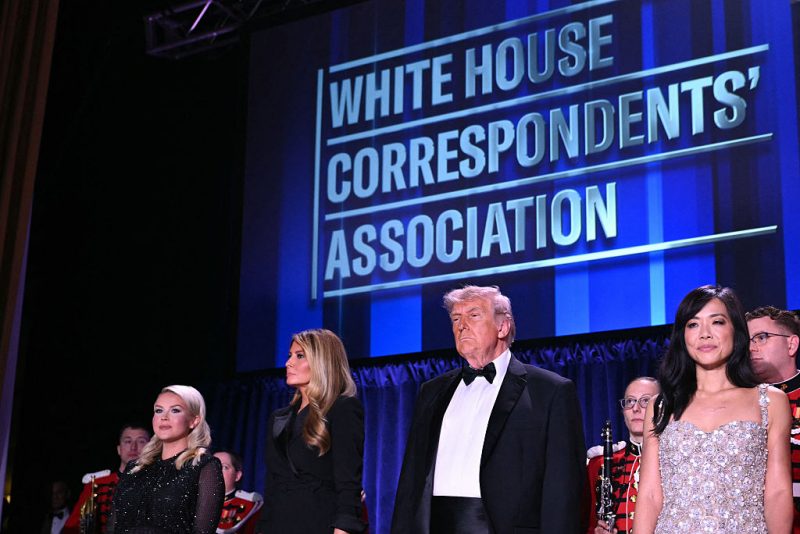 (L/R) White House Press Secretary Karoline Leavitt, US First Lady Melania Trump, US President Donald Trump and CBS News senior White House correspondent Weijia Jiang attend the White House Correspondents' dinner at the Washington Hilton in Washington, DC, on April 25, 2026. President Trump is attending the annual gala of the political press for the first time while in office. (Photo by Mandel NGAN / AFP via Getty Images)