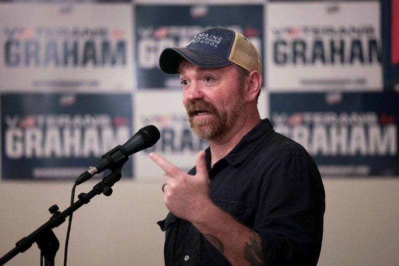 PORTLAND, MAINE - MAY 17: U.S. Senate candidate from Maine Graham Platner speaks during a campaign event at the Veterans of Foreign Wars Post 6859 on May 17, 2026, in Portland, Maine. During the event, he received an endorsement from the Veterans for Responsible Leadership and hosted a veterans town hall to answer questions and discuss ending the war in Iran. Platner is expected to be the presumptive Democratic nominee and would face off against Sen. Susan Collins (R-ME) for the Senate seat in the general election. (Photo by Joe Raedle/Getty Images)