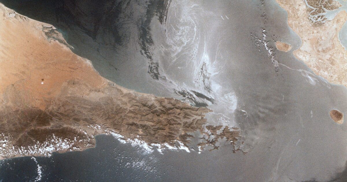 Satellite view of the Strait of Hormuz for a Bitcoin geopolitical risk story.