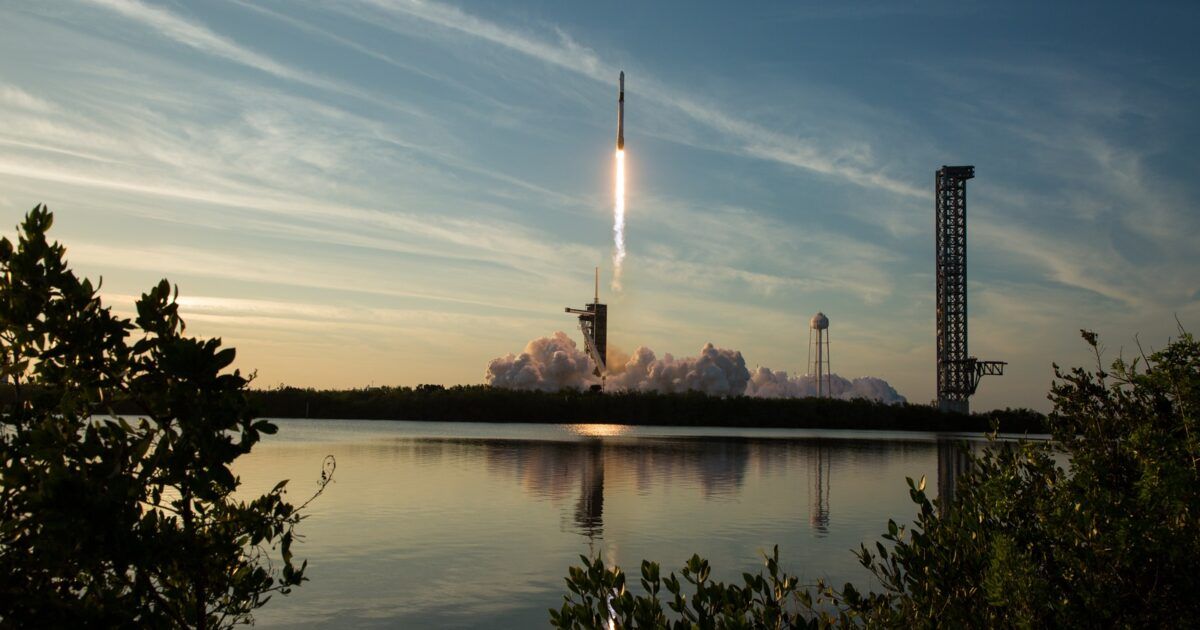 A SpaceX Falcon 9 rocket launch for a story about on-chain SPCX perpetual markets.