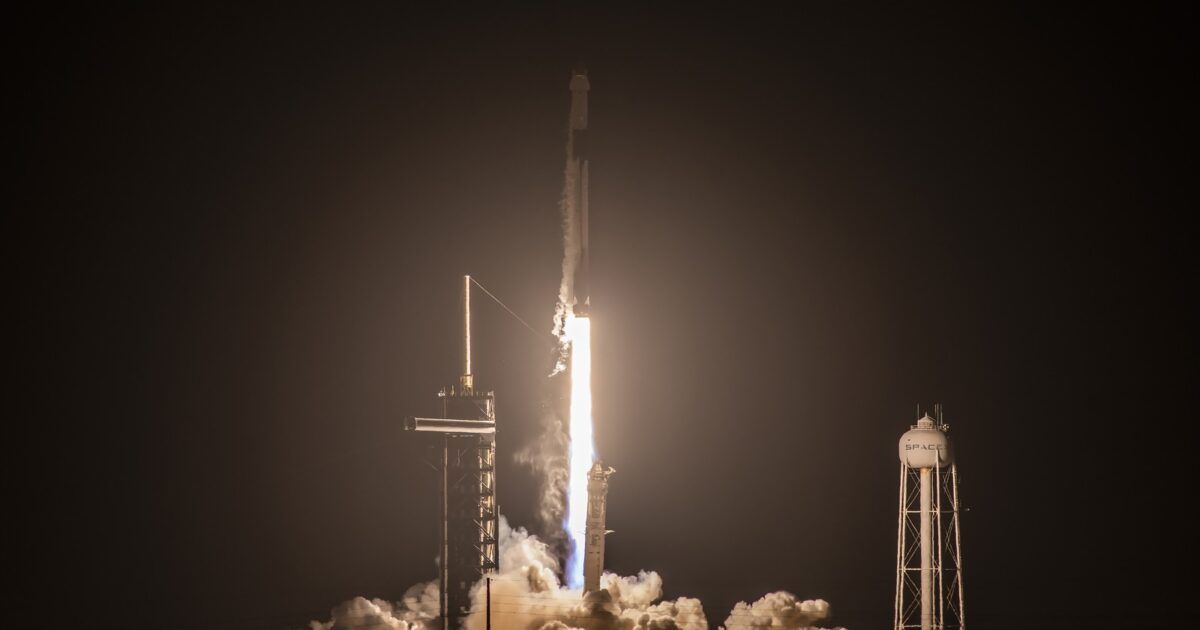 SpaceX Falcon 9 rocket launching for a Bitcoin treasury and IPO market story.