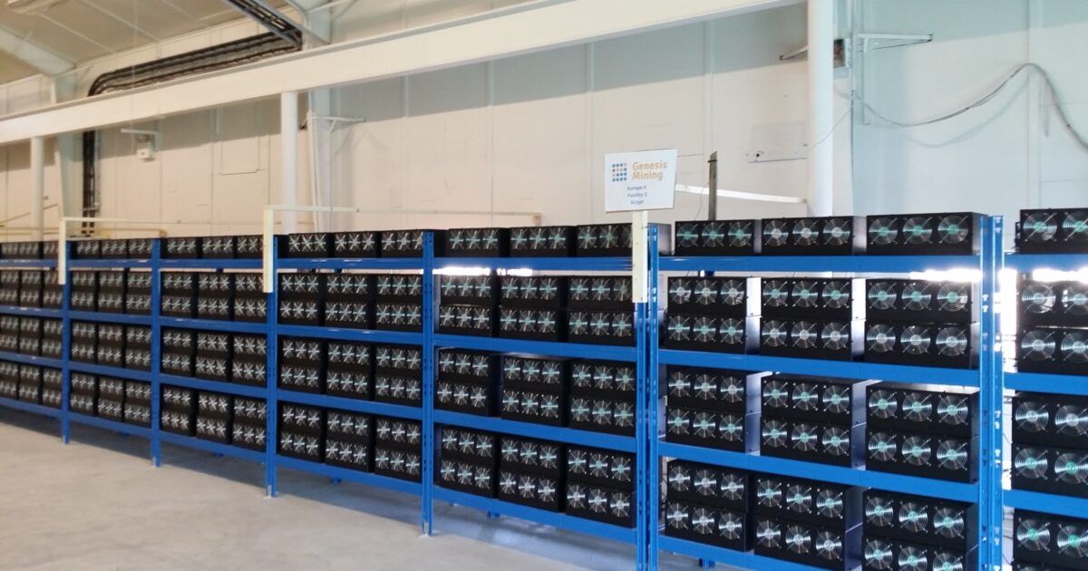 Rows of cryptocurrency mining machines in an Icelandic mining farm.