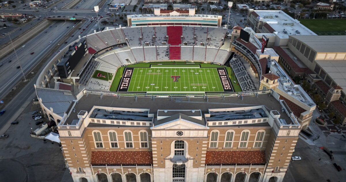 Aerial view of the Texas Tech football stadium in Lubbock, renamed Galaxy Stadium for the 2026 season.