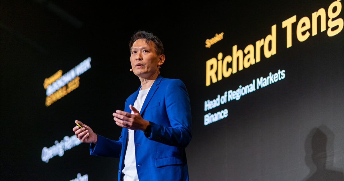 Binance co-CEO Richard Teng speaking at Binance Blockchain Week 2023.