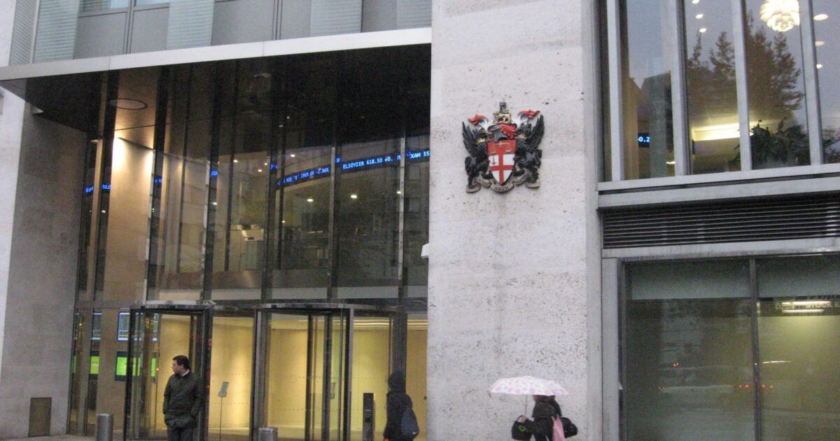 London Stock Exchange entrance in Paternoster Square, with its crest and market ticker
