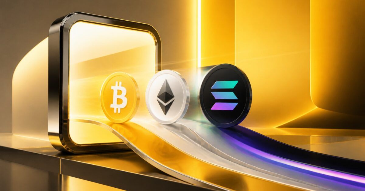 Bitcoin, Ether, and Solana symbols emerging through a modern mobile banking portal